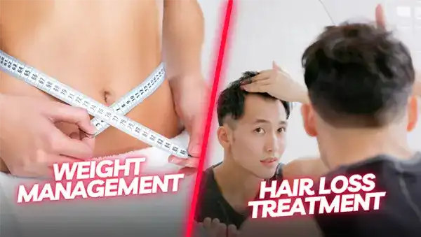 An image split into two different ones vertically, the left image is a measuring tape around someone's waist, with the words 'Weight Management' written under it. The right image is a man checking his hairline, with the words 'Hair Loss Treatment' written under it.
