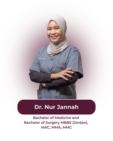 A photo of Dr. Nur Jannah. Bachelor of Medicine and Machelor of Surgery MBBS (Jordan), MAC, MMA, MMC