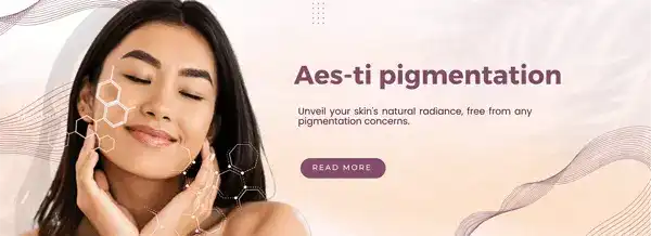 Procedure 1, Aes-ti pigmentation. A woman enjoys the newfound radiance of her skin with the text 'Unveil your skin's natural radiance, free from any pigmentation concerns' written next to her. Click to read more.