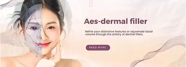 Procedure 2, Aes-dermal filler. There is a scan on half of a smiling woman's face with the text 'Refine your distinctive features or rejuvenate facial volume through the artistry of dermal fillers' written next to her. Click to read more.