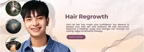 Procedure 5, Hair Regrowth. A smiling man with a full head of hair, and images of how hair loss has been mitigated. The text next to him says 'Don't let hair loss hinder your confidence. You deserve to present your best self and embrace life with assurance. Welcome a healthier scalp and stronger hair through our cutting-edge combination therapy.' Click to read more.