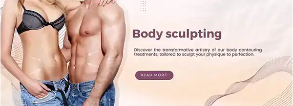 Procedure 6, Body sculpting. A woman and man are showing off their body, with arrows pointing to their toned belly. Text next to them says 'Discover the transformative artistry of our body contouring treatments, tailored to sculpt your physique to perfection'. Click to read more.