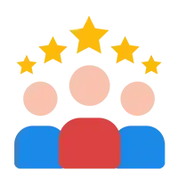 A vector icon of three faceless people and 5 stars above their head.