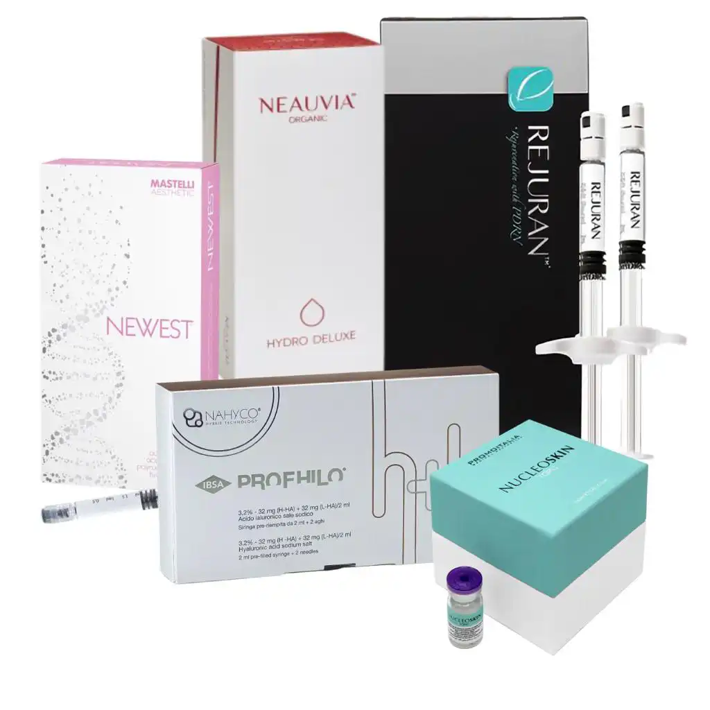 Various skin booster treatments lined up